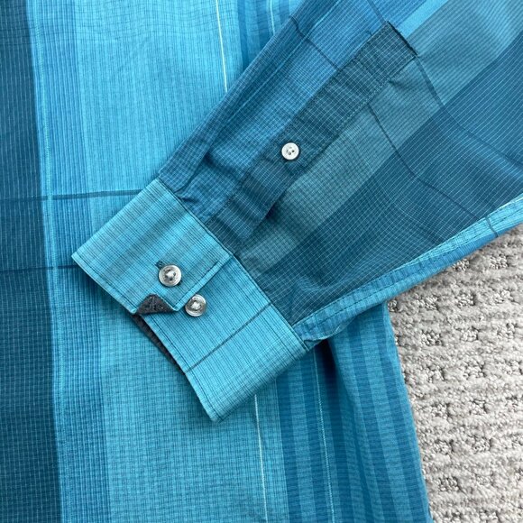 Calvin Klein Button Up Shirt Men XL Teal Blue Plaid Slim Fit Polo Long Sleeve - Picture 2 of 8
